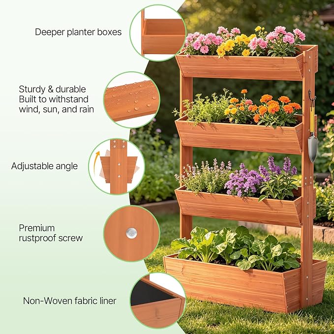 Suteck Raised Garden Bed, Vertical Wooden Raised Garden Bed, 4 Tier Garden Planters Freestanding Plant Stand Flower Rack Wooden Planter Box For Plants Flowers Herbs Vegetables Indoor Outdoor Gardening