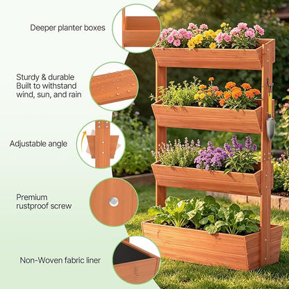 Suteck Raised Garden Bed, Vertical Wooden Raised Garden Bed, 4 Tier Garden Planters Freestanding Plant Stand Flower Rack Wooden Planter Box For Plants Flowers Herbs Vegetables Indoor Outdoor Gardening