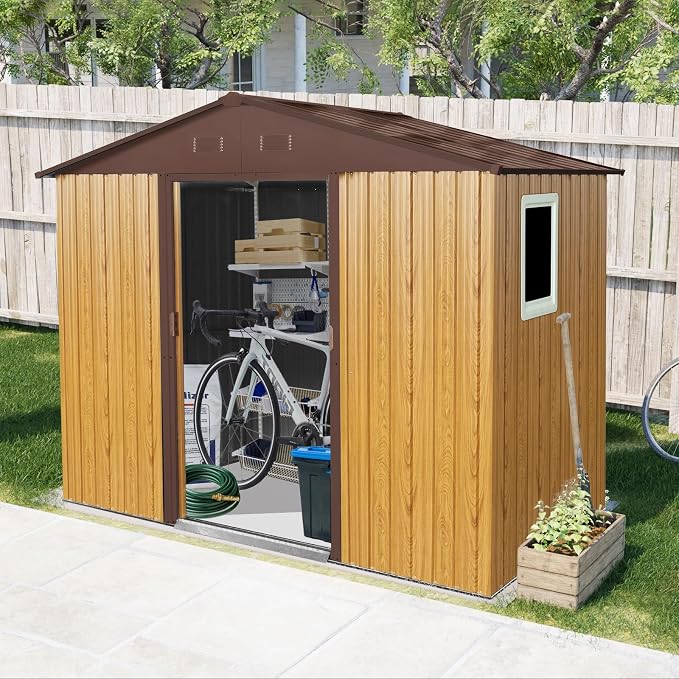 Ball & Cast 8x4 FT Outdoor Metal Storage Shed,Waterproof Garden Organizer Tool House with Window and Foundation,Shelter Cabinet w/Vents & Sliding Door,for Patio,Lawn,Backyard,Coffee