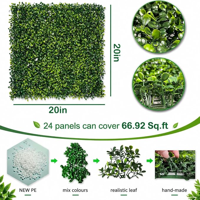 Bybeton Artificial Grass Wall Panel,10"x 10"(12Pcs) Boxwood Faux Green Wall Panels for Interior Wall, Backdrop Wall,Garden Wall and Indoor Outdoor Plant Wall Decor | 12pk Dense Grass Wall Panels. UV-Resistant. Easy DIY Snap-Lock. For Balcony, Fence, Ga...