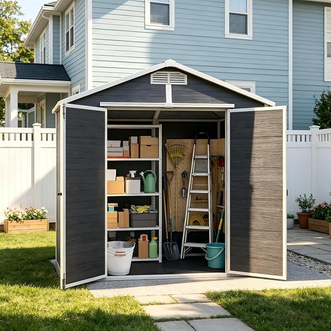 PVWIIK 8x6 ft Resin Outdoor Storage Shed with Floor & Window, Lockable Waterproof All-Weather Utility Shed for Garden Tools & Trash Bins, Black