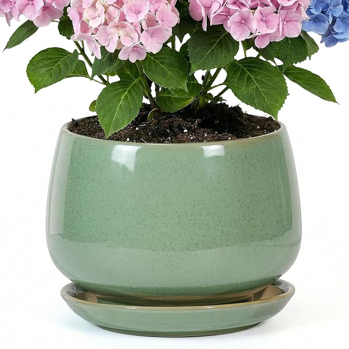10.3 Inch Flower pots for Indoor Outdoor Plants with Saucer Drainage Leak-Proof Mesh, Ceramic Planter with Gardening Gloves for Succulent and Flower (Crackled Green)