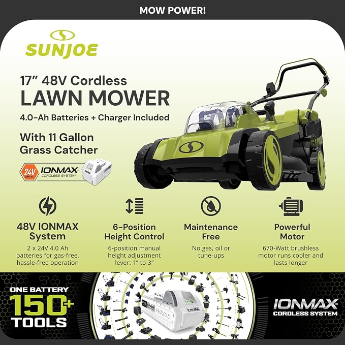 Sun Joe Cordless Electric Push Lawn Mower with 6-Position Height Adjustment, 11-Gal Bag, 17-Inch Cutting Width - Heavy-Duty Yard Trimmer for Gardening Care and Maintenance, 24V-X2-17LM | 670W Brushless, 17 Deck, 6-Position Height, 11-Gal Catcher, Inclu...