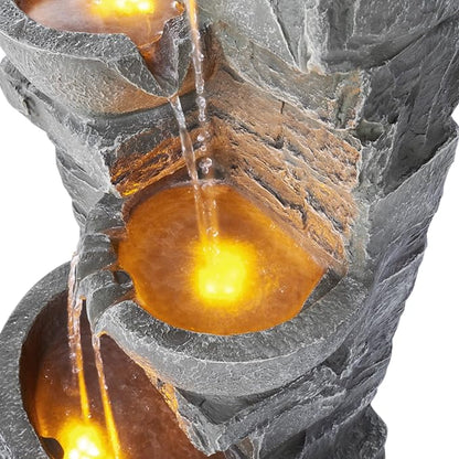 Teamson Home 33" Outdoor Water Fountain with LED Lights | 3-Tier Cascading Bowls, Weather-Resistant Resin, Garden Water Feature, Stone Gray