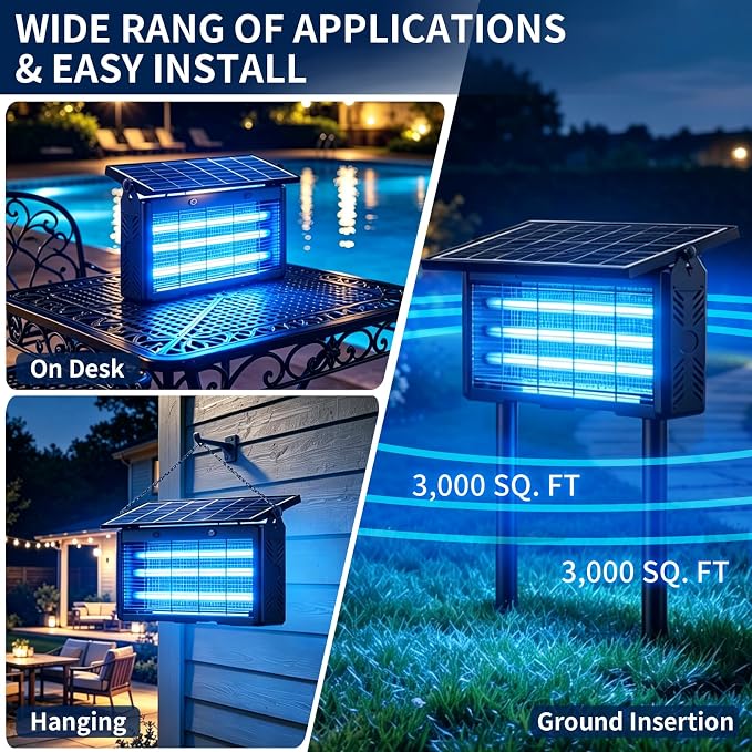 Solar Bug Zapper Outdoor Cordless, 9600mAh Battery | 365-395nm UV Light, IPX5 Waterproof, Dusk-to-Dawn Sensor, 1 Acre Coverage, Black, for Outdoor Indoor Use (20inch)