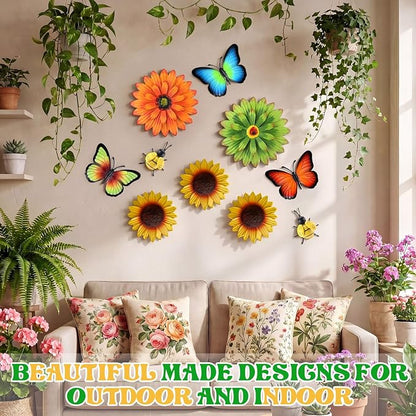 Therwen 10 Pcs Metal Wall Art Decor for Outside 3D Metal Sunflower Bee Butterfly Backyard Decorations Hanging Outdoor Wall Art Multicolored Flowers for Garden Fence Patio Yard Outdoor Porch