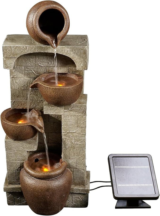 Teamson Home 28 in. Cascading Bowls and Stacked Stones LED Outdoor Water Fountain for Outdoor Living Spaces to Create a Calming Oasis in Gardens and Landscaping, on Patios, Balconies, Lawns, Brown | Outdoor Water Fountain, For Gardens and Landscaping, ...
