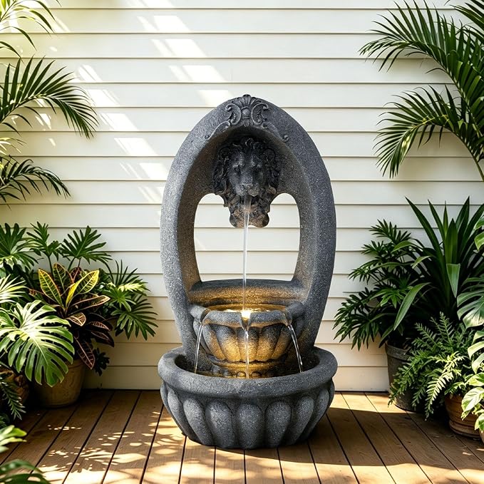 31.1" H Lion Head Fountain, Floor-Standing Lion Fountain, Outdoor Water Fountain with LED Light, Water Feature for Garden Patio Backyard Deck Porch and Home Art Decor