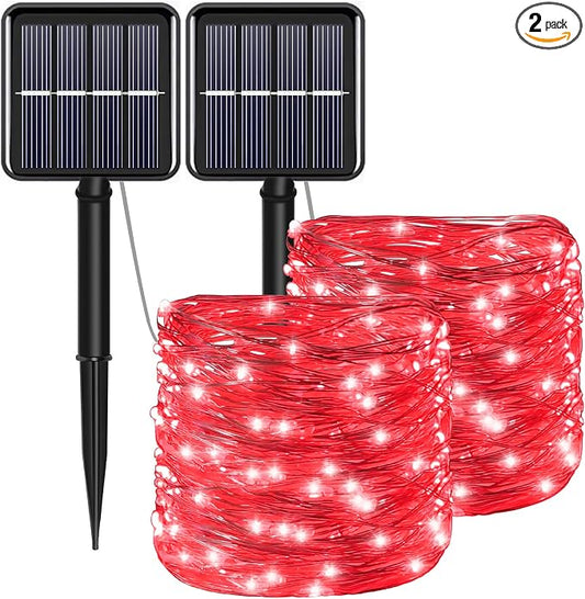 Red Solar Christmas String Lights Outdoor Waterproof, 2Pack Total 200Led 8 Modes Copper Fairy Lights, Solar Powered Outside Decorations for Valentines Day, Garden, Patio, Fence, Balcony
