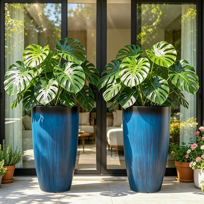 Autodaya 23.8" Tall Planters Set of 2, Large Plastic Plant Pots with Artistic Floating Cobalt Blue Glaze, UV-Resistant Lightweight PP Flower Pots for Outdoor Indoor Plants, Garden, Patio, Deck, Porch | Artistic Floating Cobalt Blue Glaze, Lightweight U...
