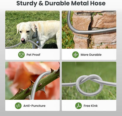 Giraffe Tools Garden Hose 50ft x 3/4", 304 Stainless Steel Metal Water Hose, No Kink Garden Water Hose with 9 Pattern Spray Nozzle, Flexible, Lightweight, Kink Free Hose for Yard, Outdoor