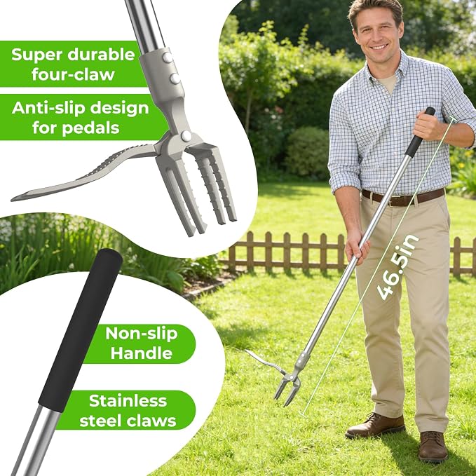 One-Piece Stand Up Weed Puller Tool with Long Handle, 47" No Assembly Stainless Steel Garden Weeder Dandelion Root Removal Without Kneeling