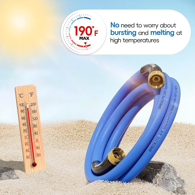 SPECILITE Female to Female Hot/Cold Garden Water Hose 10 ft x 3/4 Inch for Hose Reel, -50℉ To 190℉, Heavy Duty, Flexible, Burst 605 Psi, Rubber Extension Pipe with 3/4" Brass Fittings
