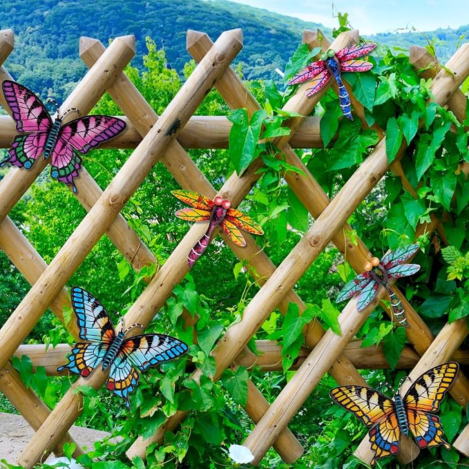 DEWEL 8 Pcs Metal Garden Decor for Outside, Butterfly Dragonfly Wall Decor Outdoor Wall Art, Colorful Hanging Decorations Wall Decor for Garden Fence Patio Yard, Great Gift Choice