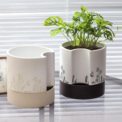 Nihow Self Watering Pots for Indoor Plants,8 Inch,White & Nature | Hand Painting,Ceramic Planter, Drainage Hole & Water Storage Plus, Cylinder Round Flower Pot, For Succulent/Herbs/Violets
