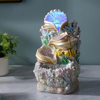 GOSSI Coral Shell Water Fountain - Tabletop Waterfall Fountain Indoor Desktop Decor with LED Lights, Zen Meditation Relaxation, Home Office Decoration (23037)