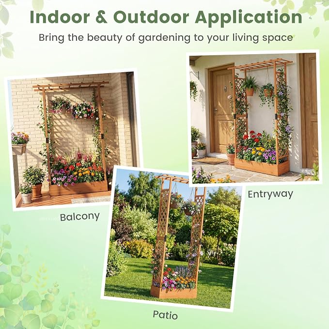 Giantex Wooden Raised Garden Bed with Trellis & Hanging Roof, Fir Wood Planter Box, 89” Freestanding Elevated Garden Bed for Outdoor Climbing Plants Vegetables Flowers, Patio & Balcony, Orange