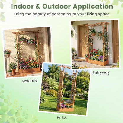 Giantex Wooden Raised Garden Bed with Trellis & Hanging Roof, Fir Wood Planter Box, 89” Freestanding Elevated Garden Bed for Outdoor Climbing Plants Vegetables Flowers, Patio & Balcony, Orange