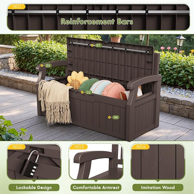 Greesum 80 Gallon Outdoor Storage Bench Deck Box with Cushion & Armrest, Lockable, Waterproof UV Resistant, Comfortable Seating for Patio, Pool, Garden, Brown