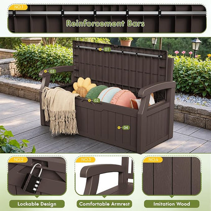 Greesum 80 Gallon Outdoor Storage Bench Deck Box with Cushion & Armrest, Lockable, Waterproof UV Resistant, Comfortable Seating for Patio, Pool, Garden, Brown
