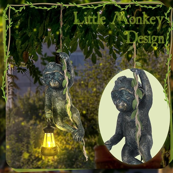 Rossesay Solar Light Outdoor Monkey Statues Bronze 7.48 Inch Resin Chimpanzee Baby Monkey Climbing on Vine with LED Lantern Waterproof Hanging Figurine with Hook for Yard Garden Wall