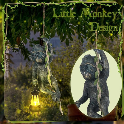 Rossesay Solar Light Outdoor Monkey Statues Bronze 7.48 Inch Resin Chimpanzee Baby Monkey Climbing on Vine with LED Lantern Waterproof Hanging Figurine with Hook for Yard Garden Wall