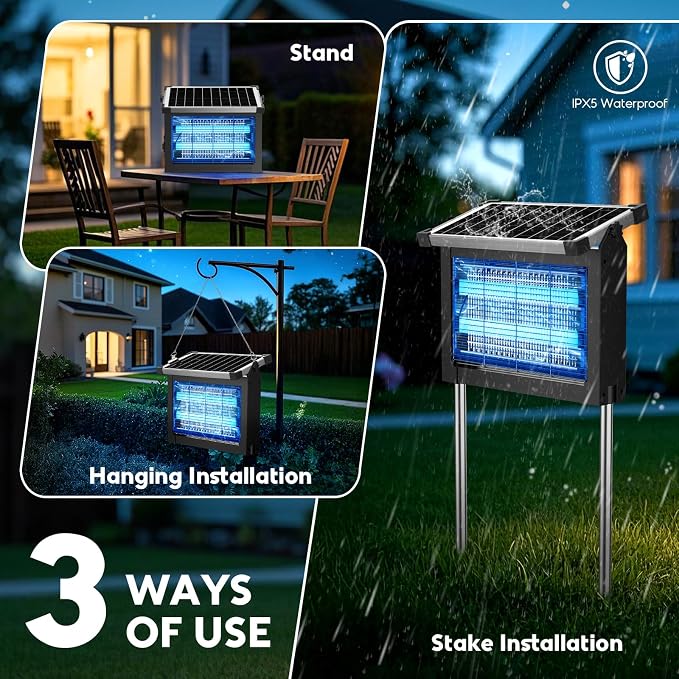 Solar Bug Zapper Outdoor, Mosquito Zapper 4500V Cordless Waterproof, Auto On/Off, Portable Type-C & Solar Powered Bug Zapper, Electric Mosquito Trap Fly Zapper Killer for Patio Garage Yard Camping