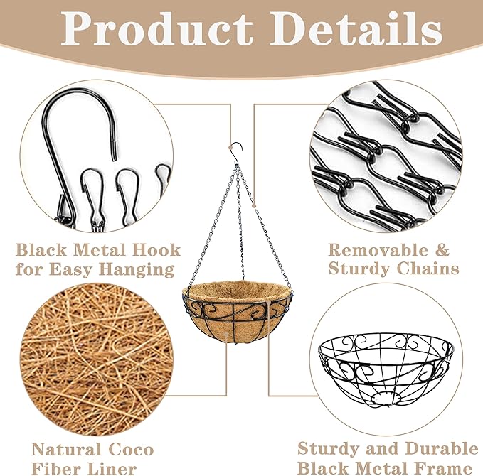EIMQUVW Outdoor Metal Hanging Planters Basket (4pack, 10 inch) Hanging Baskets for Plants Chain Round Wire Plant Holder with Coco Fiber Liners for Garden, Patio, Deck, Porch(Flower Border)