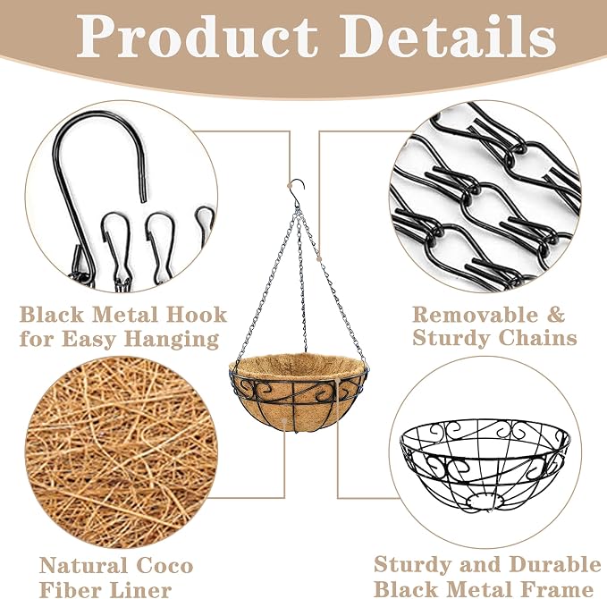 EIMQUVW Outdoor Metal Hanging Planters Basket (4pack, 12 inch) Hanging Baskets for Plants Chain Round Wire Plant Holder with Coco Fiber Liners for Garden, Patio, Deck, Porch(Flower Border)