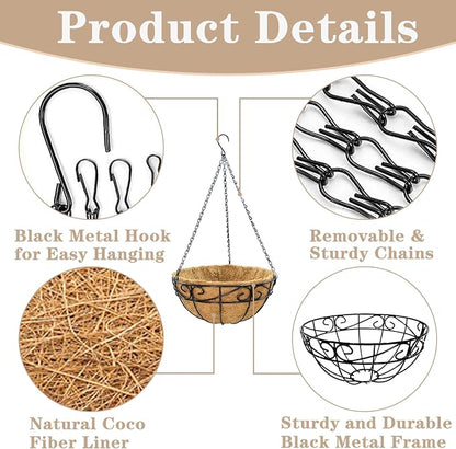 EIMQUVW Outdoor Metal Hanging Planters Basket (4pack, 12 inch) Hanging Baskets for Plants Chain Round Wire Plant Holder with Coco Fiber Liners for Garden, Patio, Deck, Porch(Flower Border)