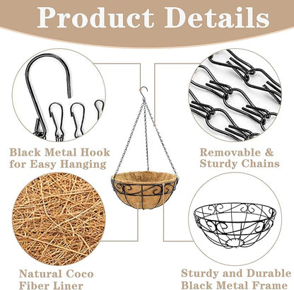 EIMQUVW Outdoor Metal Hanging Planters Basket (2pack, 12 inch) Hanging Baskets for Plants Chain Round Wire Plant Holder with Coco Fiber Liners for Garden, Patio, Deck, Porch(Flower Border)