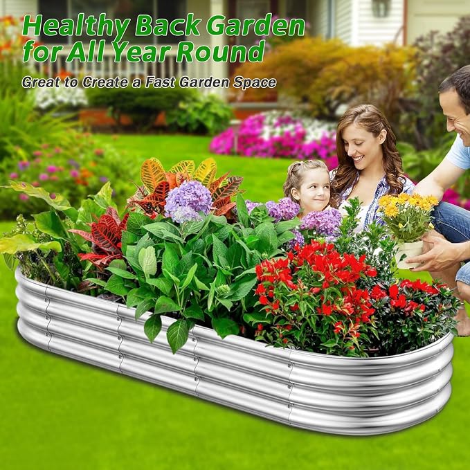 RAYKEEP Galvanized Raised Garden Beds, Outdoor Raised Garden Boxes, Oval Large Bottomless Metal Elevated Garden Bed Planter Box for Vegetables, Fruits, Flower (1pcs, 5x2x1 ft)