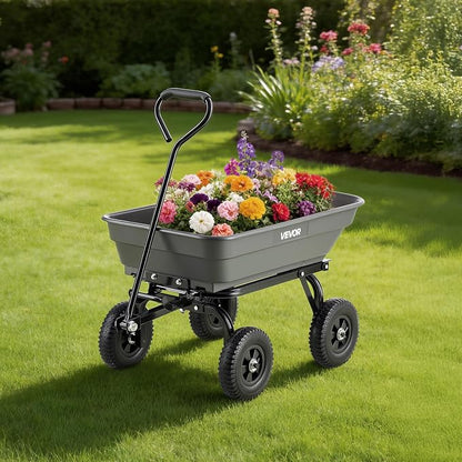 VEVOR 400LBS Wheelbarrow, Poly Garden Dump Cart Wagon with 8" Flat Free Tires, Heavy Duty Wheel Barrow Yard Cart Dump Wagon with Quick-Release System