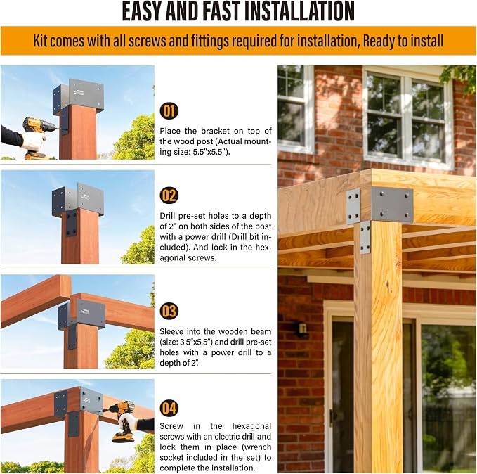 2 Pack 4x6 (Actual 3.5"x5.5") Heavy Duty Stainless Steel Pergola Brackets - Corner Post to Beam Connector for Gazebos, Patio Decks, Porches - Wood Post Cap Tie Bracket (Dark Gray)