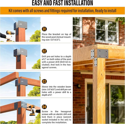 2 Pack 4x6 (Actual 3.5"x5.5") Heavy Duty Stainless Steel Pergola Brackets - Corner Post to Beam Connector for Gazebos, Patio Decks, Porches - Wood Post Cap Tie Bracket (Dark Gray)