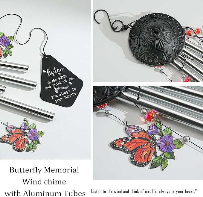 34'' Butterfly Wind Chimes for Outside Memorial Windchime Home Garden Decor | Wind Chimes Outdoor Large,Butterflies Aluminum Tube Windchimes With S hook,Sympathy Gifts for Loss of Loved One,Mom Women
