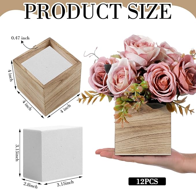 Suzile 12 Set 4 Inch Wooden Planter Box Flower Square Vases for Centerpiece Rustic Cube Planter Box with Removable Foam Blocks Liner Square Vase Craft for Garden Home(Wood Color)