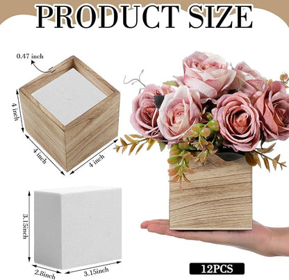 Suzile 12 Set 4 Inch Wooden Planter Box Flower Square Vases for Centerpiece Rustic Cube Planter Box with Removable Foam Blocks Liner Square Vase Craft for Garden Home(Wood Color)