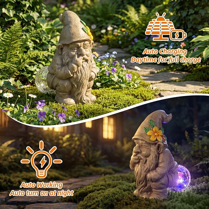 Funny Garden Gnomes Outdoor, Quirky Gnome Statue with Solar Powered for Yard Patio Lawn, Unique Gnomes Gift for Friends Garden Lovers