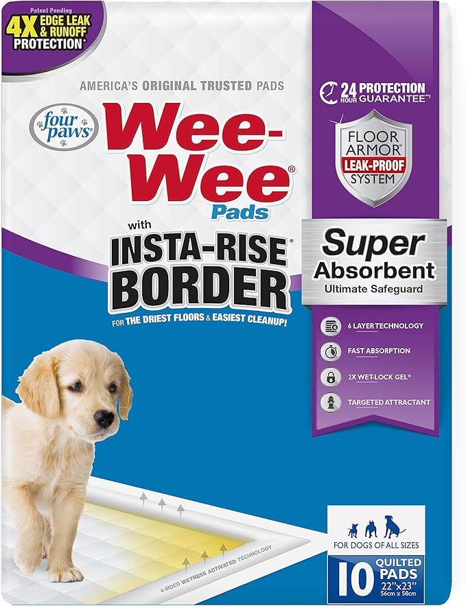 Four Paws Wee-Wee Super Absorbent Insta-Rise Dog Pee Pads, 10 Count | Edge leak & runoff protection, leak-proof puppy pads, built-in attractant, dog housebreaking, all day protection, 22" x 23"