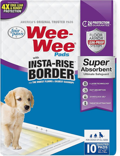 Four Paws Wee-Wee Super Absorbent Insta-Rise Dog Pee Pads, 10 Count | Edge leak & runoff protection, leak-proof puppy pads, built-in attractant, dog housebreaking, all day protection, 22" x 23"
