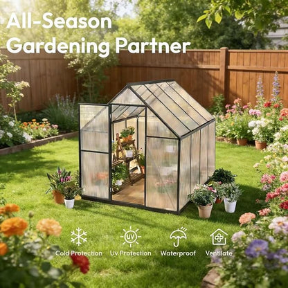 6 x 8 FT Greenhouse for Outdoors, Polycarbonate Greenhouse with Quick Setup Structure and Roof Vent, Aluminum Large Walk-in Green House for Outside Garden Backyard, Dark Gray
