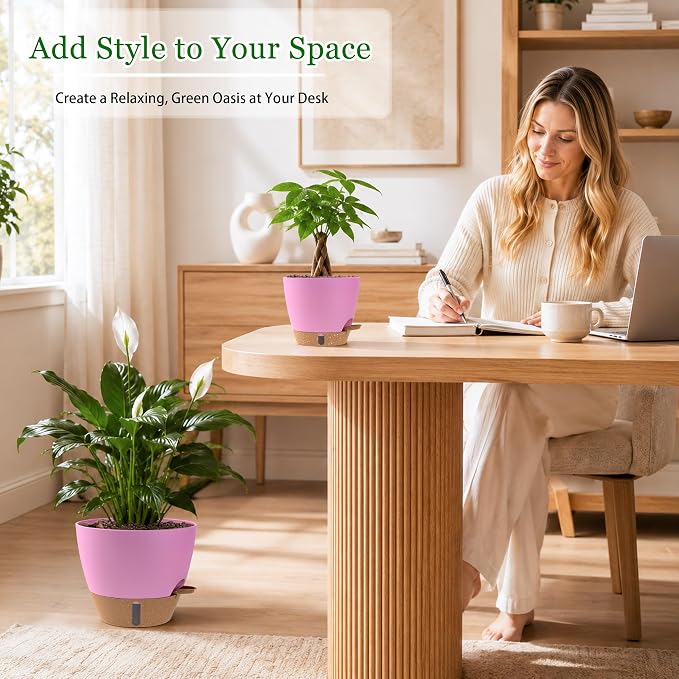 Self Watering Pots for Inoor Ourdoor Plants 10/9/8/7/6.5 Inch Plastic Planters with Drainage Holes & Water Level Indicator, Decorative House Flower Nursery Planting Pots with Saucers (Dusty Lavender)