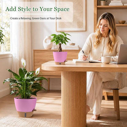Self Watering Pots for Inoor Ourdoor Plants 10/9/8/7/6.5 Inch Plastic Planters with Drainage Holes & Water Level Indicator, Decorative House Flower Nursery Planting Pots with Saucers (Dusty Lavender)