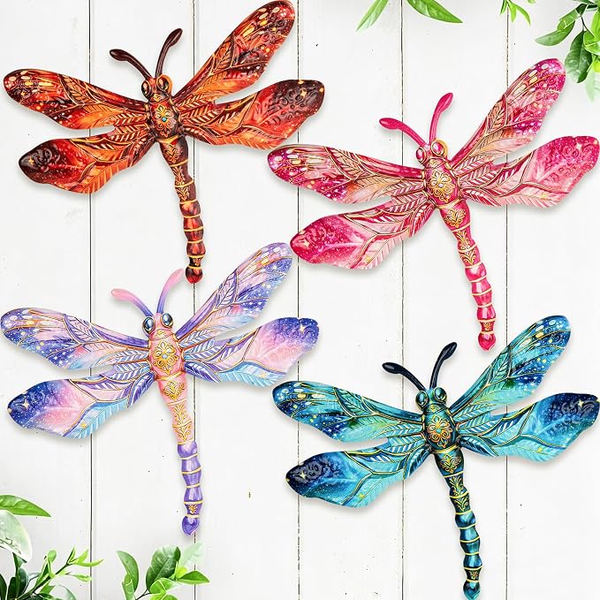 SUNREEK Metal Dragonfly Wall Decor - 9.6" Outdoor Fence Wall Art, Hanging Decorations for Garden Yard Patio Room Decorations, 4 Pack (Color-2)