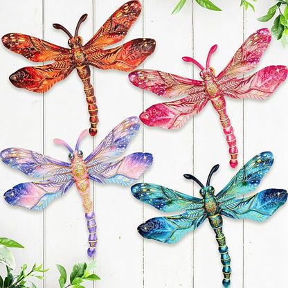 SUNREEK Metal Dragonfly Wall Decor - 9.6" Outdoor Fence Wall Art, Hanging Decorations for Garden Yard Patio Room Decorations, 4 Pack (Color-2)
