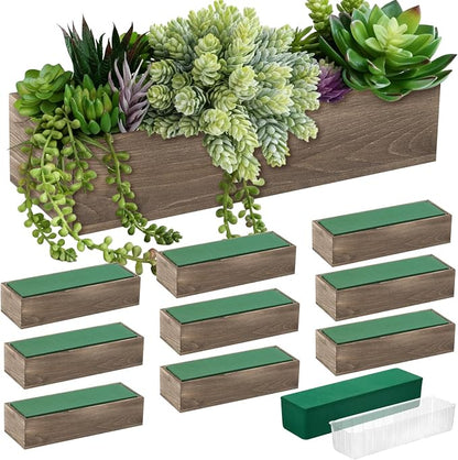 Dandat 10 Set Wood Boxes for Centerpieces 12x4 Inch Rectangle Wooden Planter Box Rustic Wooden Planters with Removable Plastic Liner Floral Foam Blocks for Christmas Wedding Home Garden Decor(Brown)