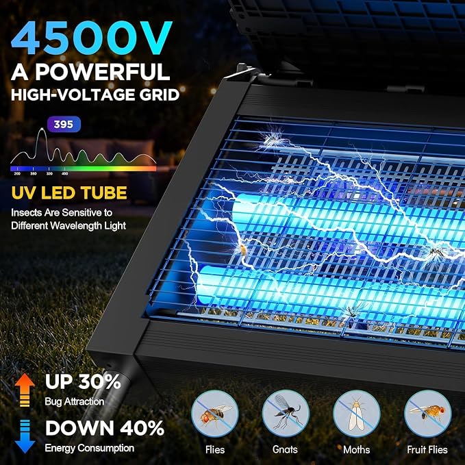 Solar Bug Zapper Outdoor-4500V Mosquito Zapper Outdoor Fly Killer-with Dual Adjustable Solar Panel Waterproof-Portable Electric Fly Trap for Patio, Garden, Backyard, and Camping