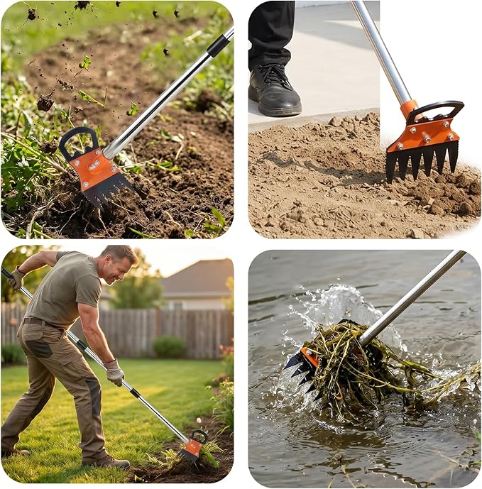 Weed Puller Tool with Long Handle, 59" Manual Weeder Remover Tool, 2 in 1 Hand Weed Rake and Garden Hoe for Gardening, Lawns, Yards