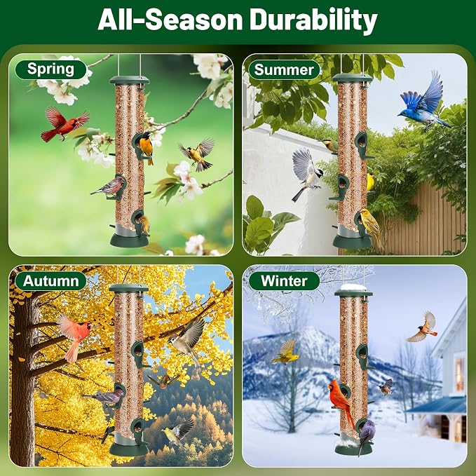 FEED GARDEN 2 Pack Tube Bird Feeders for Outdoors Hanging - Premium Hard Plastic Wild Bird Feeder with 6 Ports, Easy Refill & Clean, 15 Inch, Green